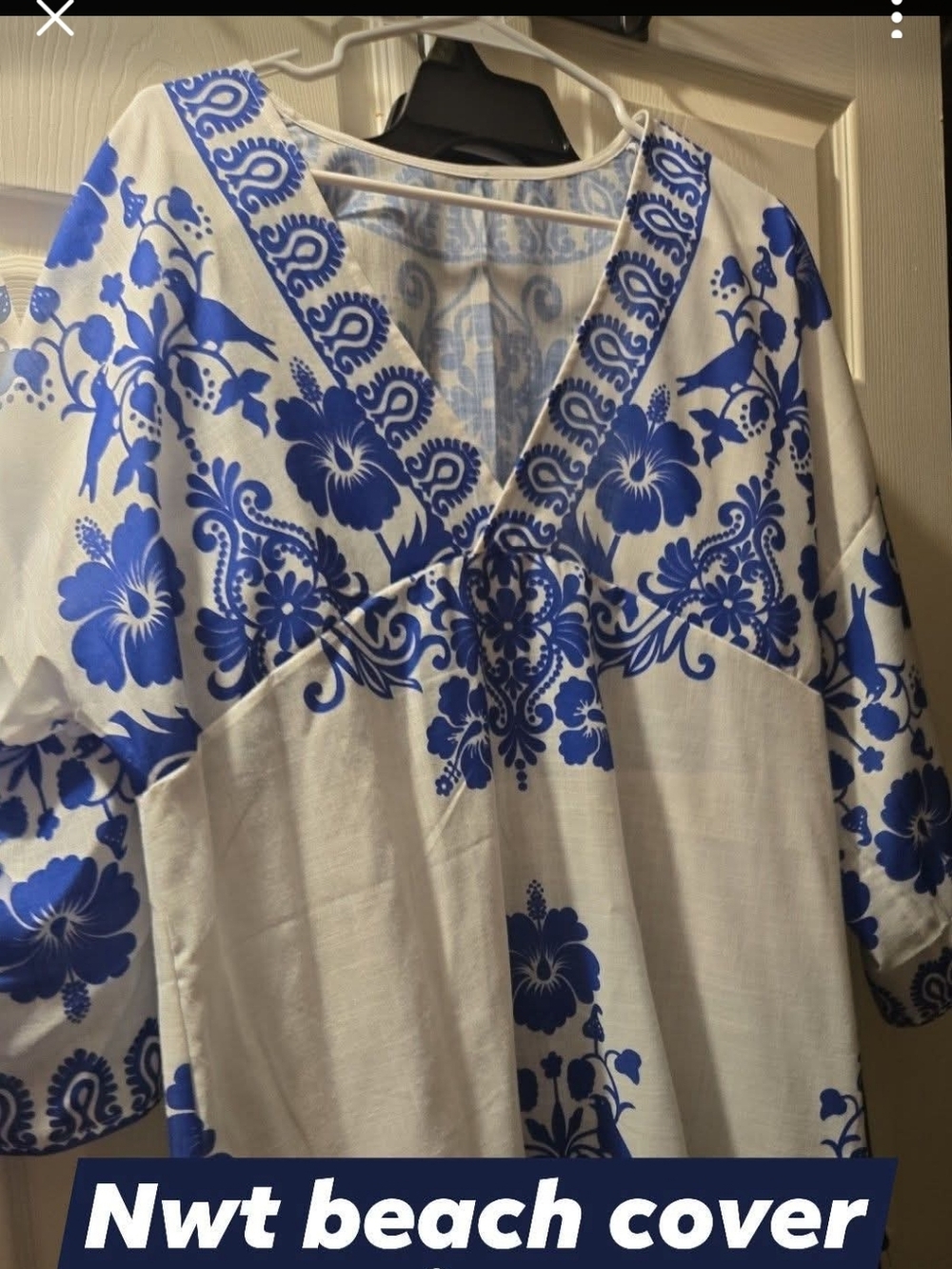 White & Blue Floral V-Neck Beach Cover Up Top
